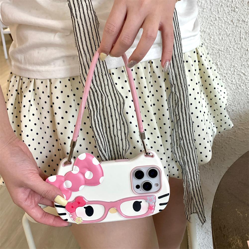 3D Очки Hello Kitty Милый Розовый Бант Прекрасный Чехол для Телефона Для iPhone 16 15 14 13 12 11 Pro Max 16 PLUS Шнурок-Ремешок Задняя Крышка