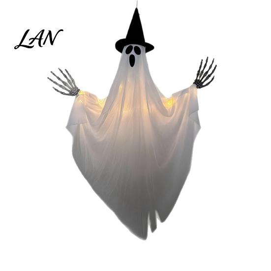 Glowing Ghost Decoration Halloween Hanging with Witch Hat, Light Up Spooky Haunted House Props Outdoor Decor for Porch Tree, Scene Ornament