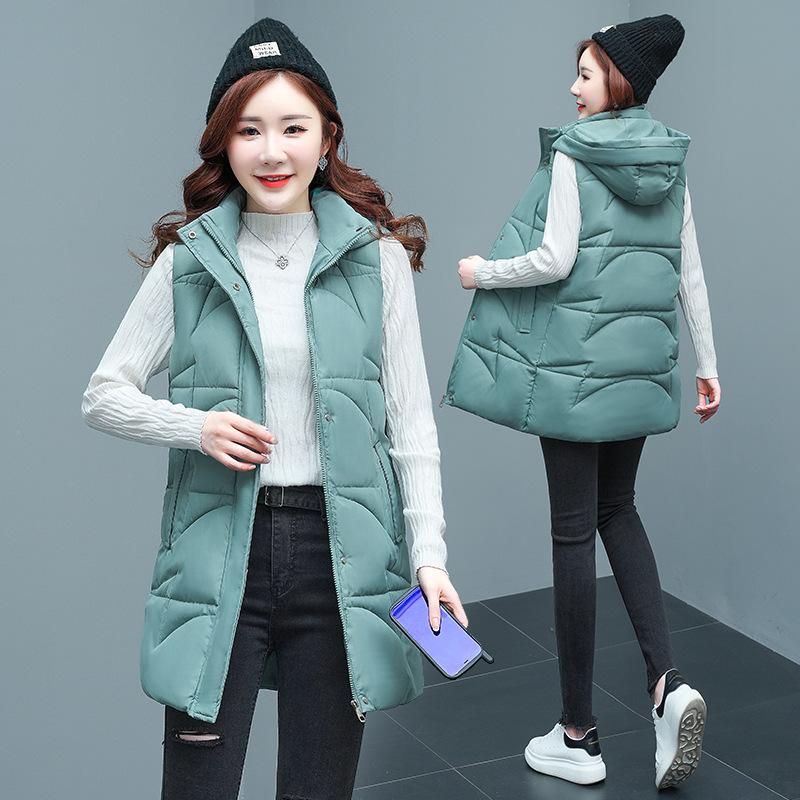 Осенне-зимняя женская однотонная свободная утолщенная теплая жилетка без рукавов средней длины с капюшоном, женская куртка