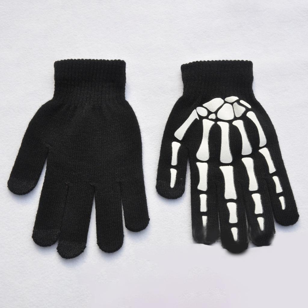 Креативные черные теплые перчатки, светящиеся перчатки на Хэллоуин, вязаные перчатки унисекс, нескользящие перчатки со скелетом для улицы