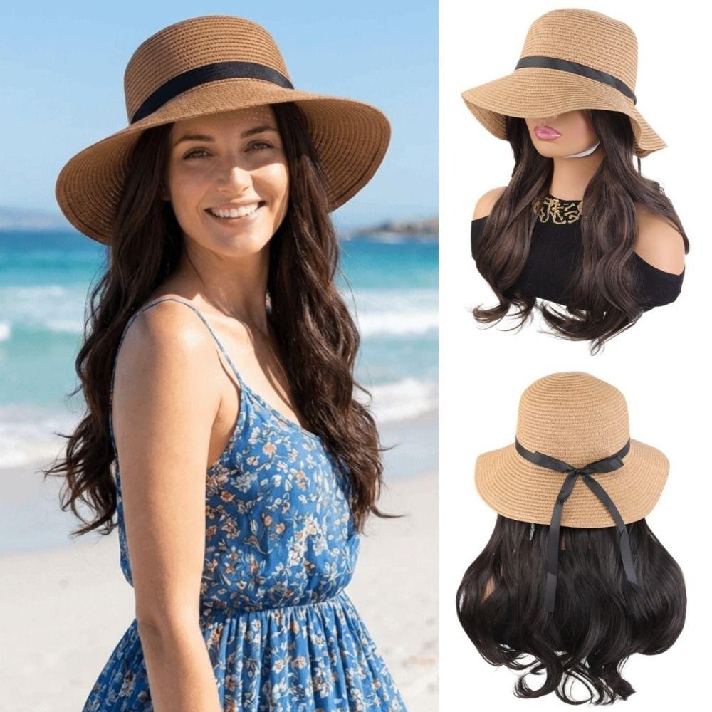 Wide Brim Fisherman Hat with Built-in Wig Sun Protection Long Wavy Curly Hair Vacation Accessory