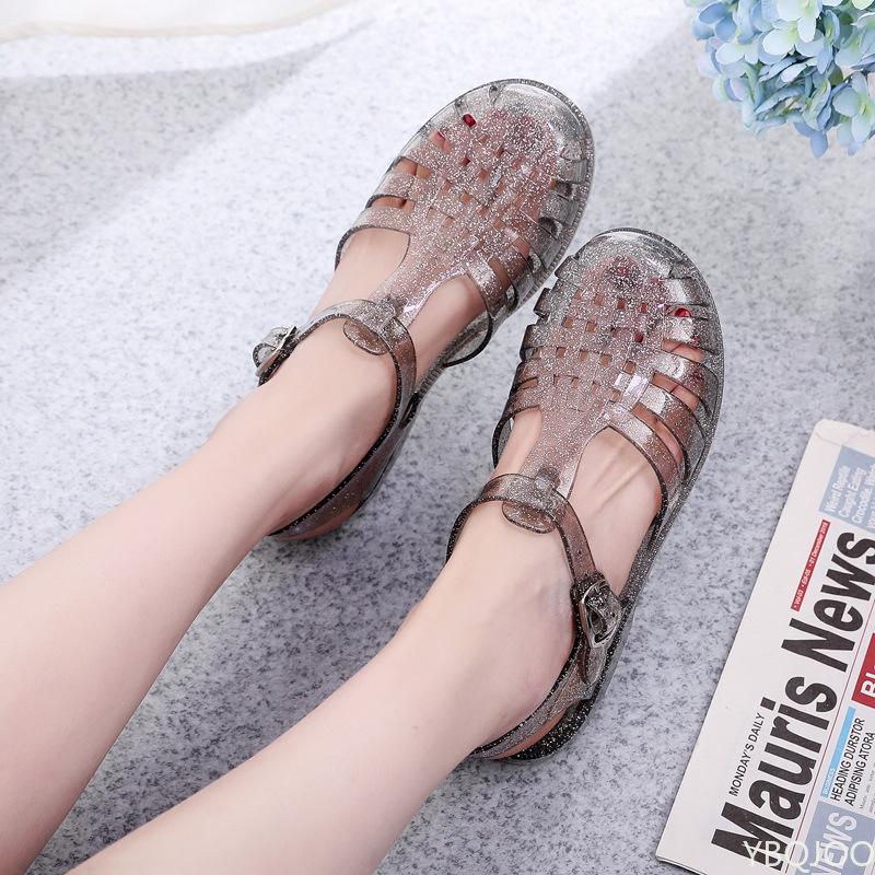 Hollow Out Bling Rainproof Jelly Sandals Women Summer Candy Shoes Woman Slippers Cover Toe Flat Femmes Sandales Pvc Sandalias