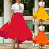 Women's Slim Waist Bow Belt Flared Pleated Long Maxi Skirt A Line Skirt