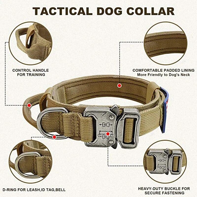 Military Tactical Dog Collar Durable Adjustable Nylon Collar with Control Handle for Medium Large Dogs Walking Pet Supplies
