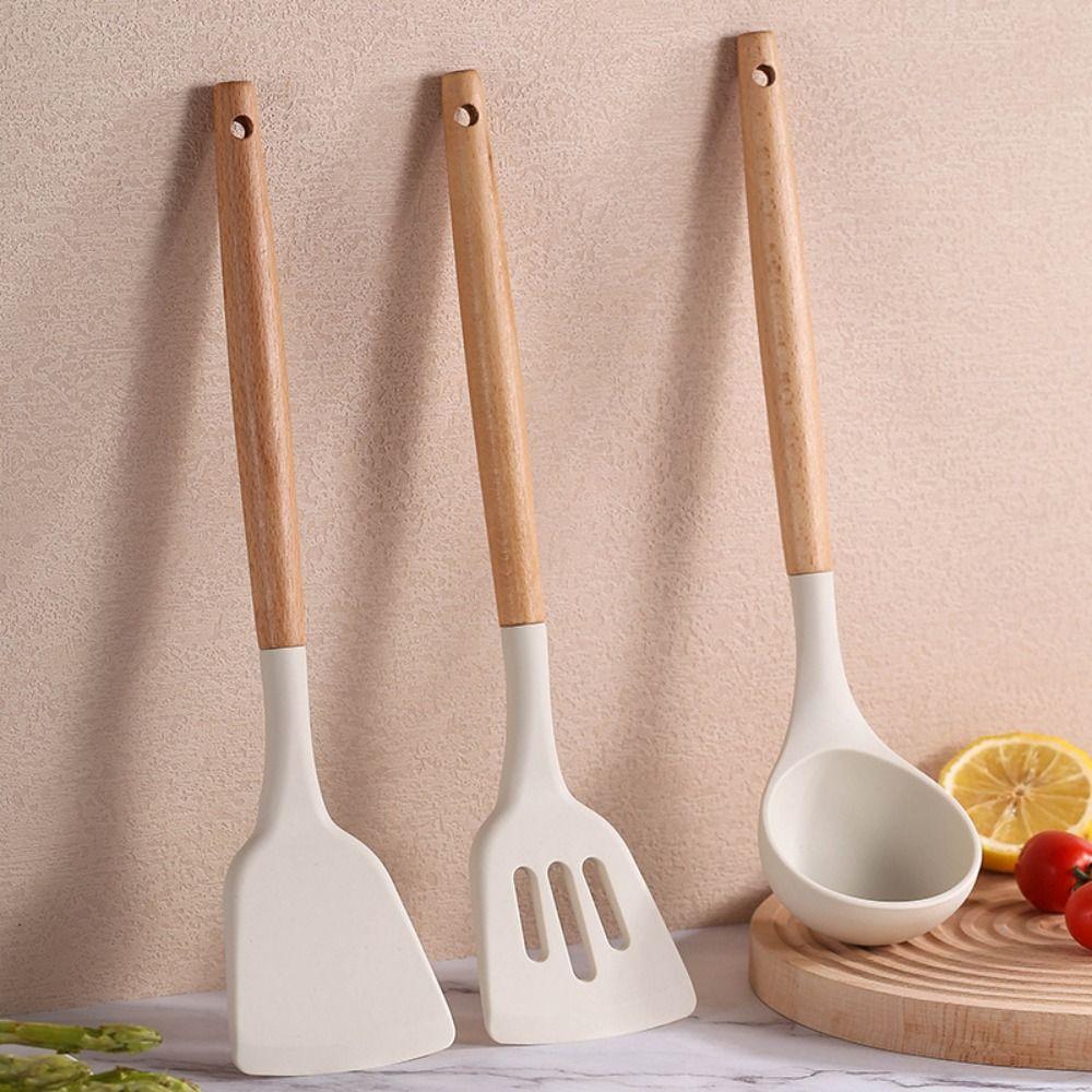 3Pcs Non-slip Silicone Spoon Shovel Heat Resistant Wooden Handle Non-Stick Spatula Hanging Beige Pot Spatula Set Household