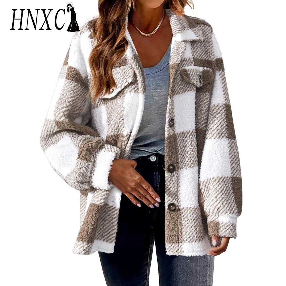 HNXC Женские винтажные повседневные решетчатые куртки и пальто с длинным рукавом и воротником-поло на осень-зиму