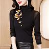 Новая модная универсальная черная водолазка с вышивкой на осень и зиму, прилегающая футболка с длинным рукавом из сетки, базовая рубашка