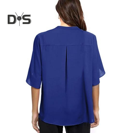 Women Tops V-Neck Button Decor Half Sleeve Chiffon Blouse Solid Color Loose Fit Breathable Shirt Tops Daily Wear