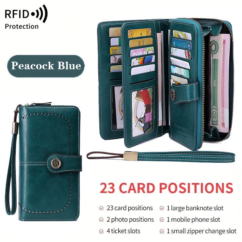 Женский кошелек на молнии с защитой от кражи RFID, с множеством слотов для карт и большим держателем для удостоверений личности