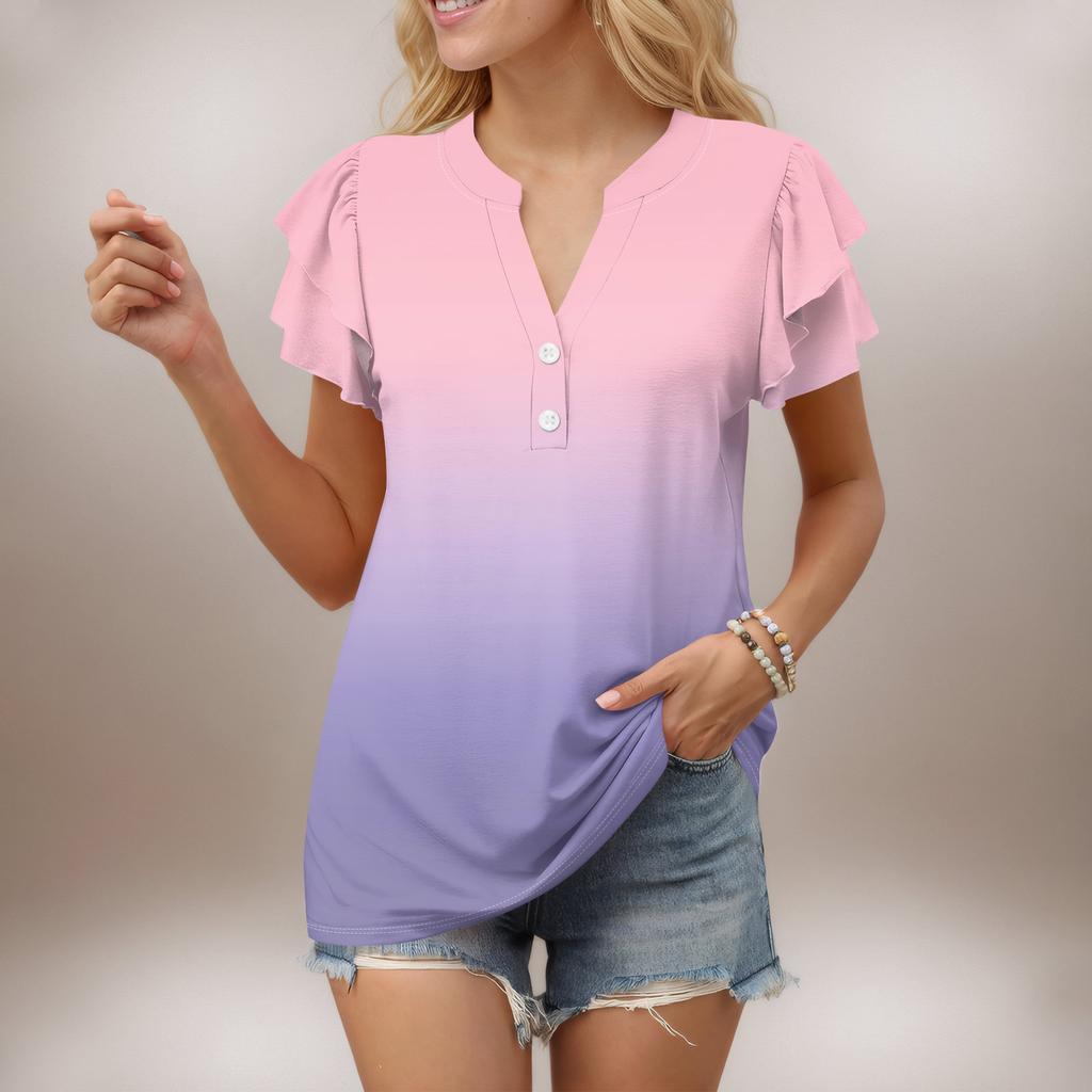 Женский повседневный топ с короткими рукавами и V-образным вырезом, с оборками и градиентом