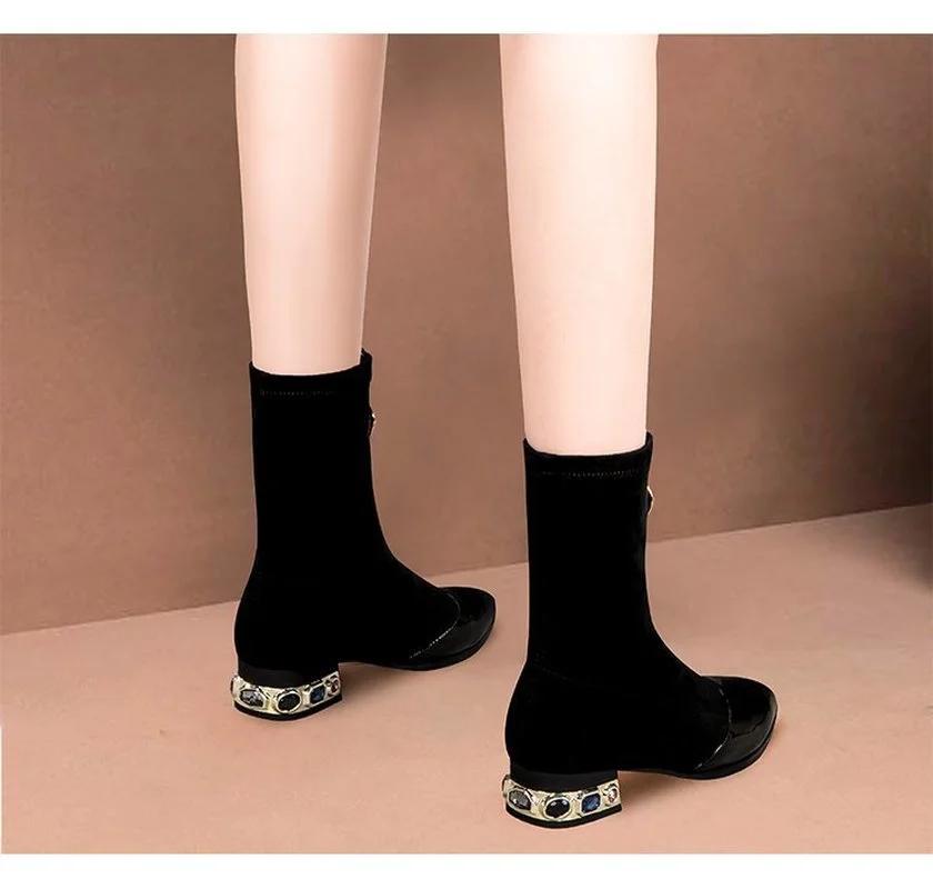 Женские носки, ботинки, женские ботильоны, 2025, чулки, весенние, со стразами, каблук, черные, новые женские резиновые сапоги