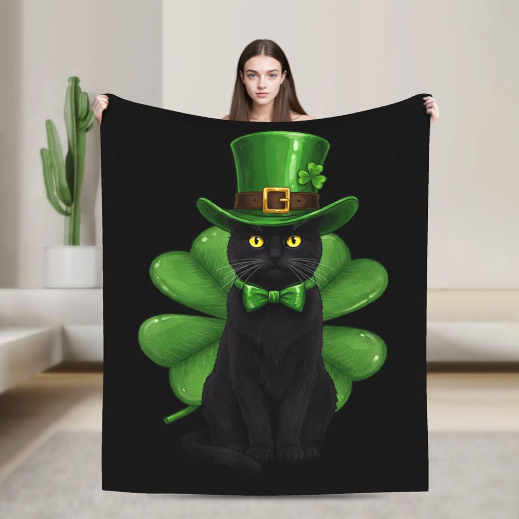 Shamrock Cat Black St Patricks Day Irish cat Lovers Blanket Warm Soft Plush Throw Blanket For Girls Boys Flannel Bedspread