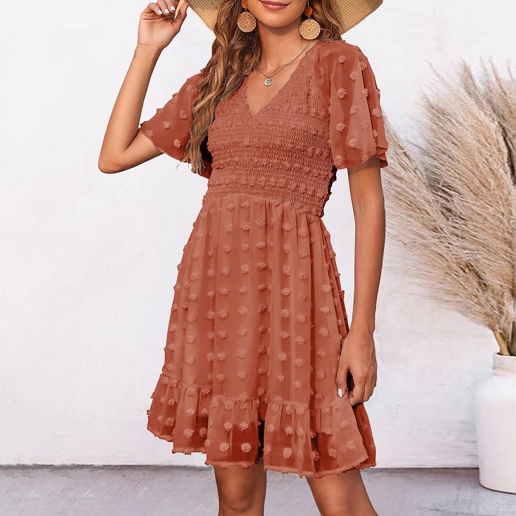 Женское повседневное платье с v-образным вырезом и короткими рукавами, пляжные летние платья в горошек с струящейся оборкой и подолом