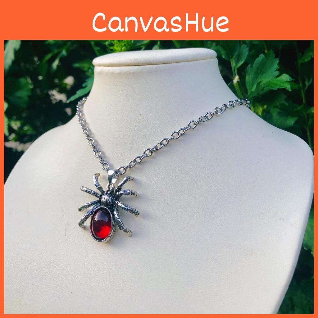 Gothic Punk Red Crystal Spider Pendant Necklace With Cross Chain For Women