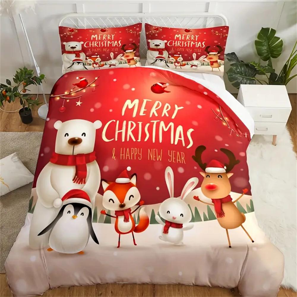 Christmas Cartoon Reindeer Penguin Fox White Rabbit Snow Field Print Soft Bedding Set For Bedroom Dorm Room Comfortable
