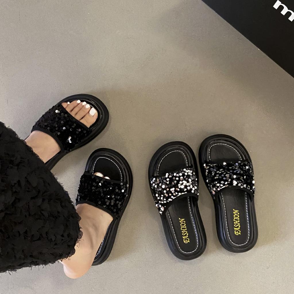 Thick-bottomed Cool Slippers Women's 2025 Spring and Summer New Outer Wear Summer Fashion Sequins Women's Casual Beach Sandals