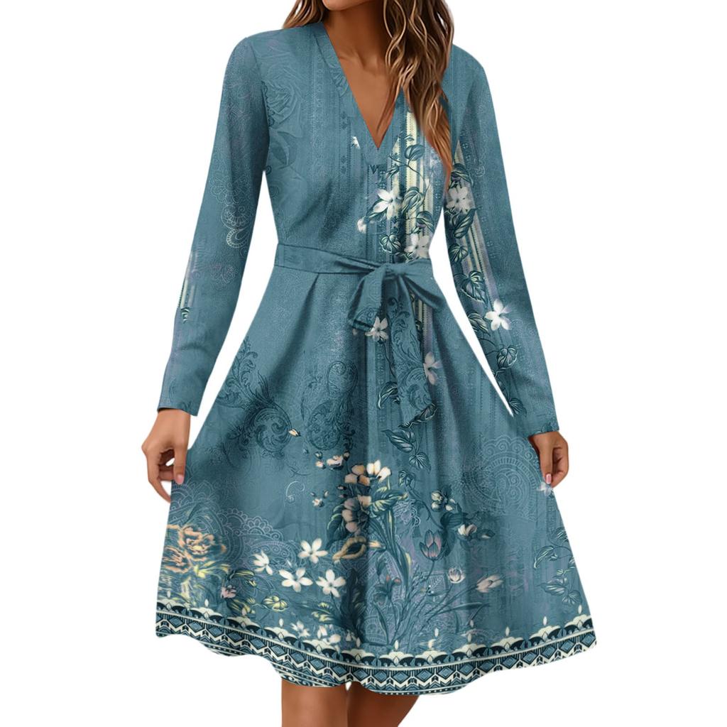 Women's Fashion Casual V-Neck Long Sleeve Waist Floral Print Midi Dress