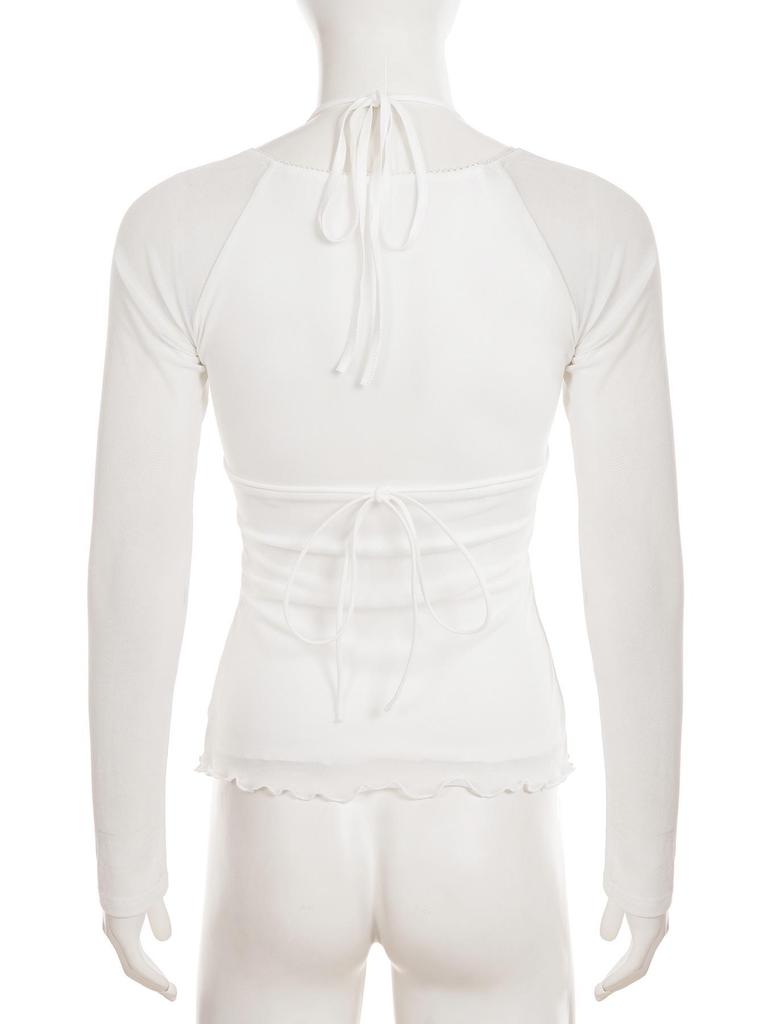 Стильный женский белый комплект из двух предметов с сетчатыми вставками, пэчворком и отделкой воланами, с прозрачным топом с длинным рукавом