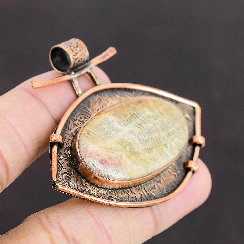 Подвеска из ископаемого коралла, медная подвеска, подвеска из драгоценного камня, женская подвеска, ювелирные изделия из окисленной меди, подарок для невесты, свадебные украшения, подвеска ручной работы