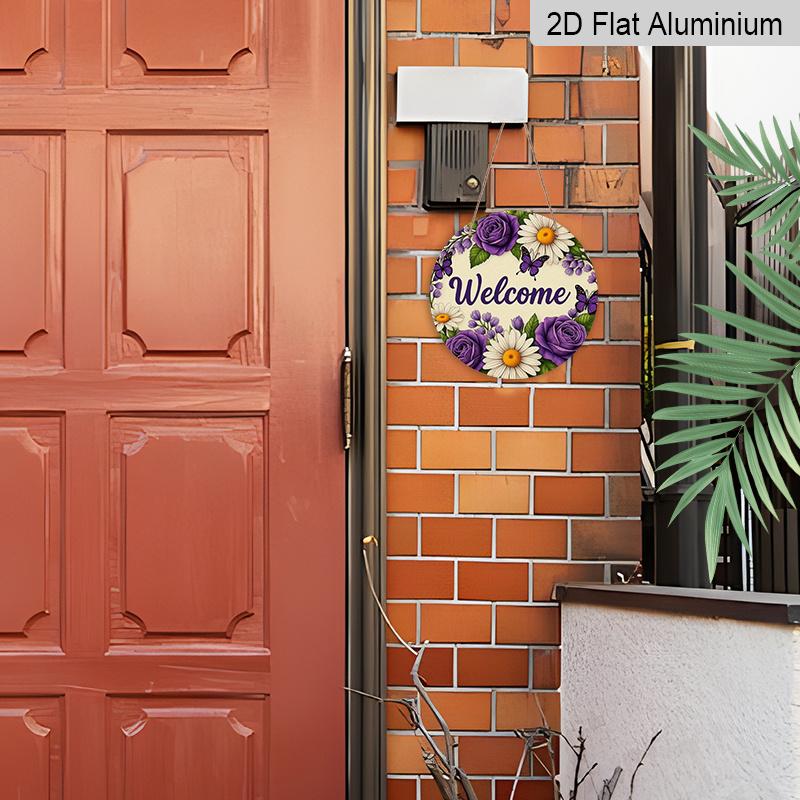 2D Flat 1pc, 8x8 in Printed Artwork, Welcome Wreath Butterfly Round Aluminum Metal Sign, Wall Home Room Farmhouse Home Street, Shop, Garage, Farm