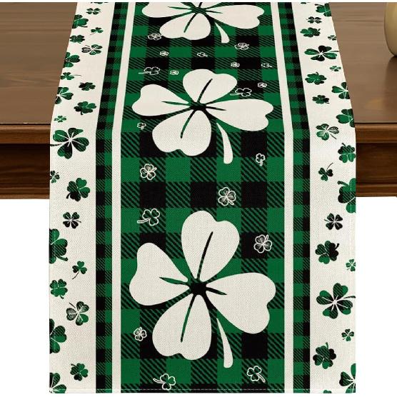 St.Patrick's Day Green Shamrocks Buffalo Plaid Table Runner 13x72 Inch Spring Holiday Clover Kitchen Dining Table Decor for Indoor Outdoor Farmhouse
