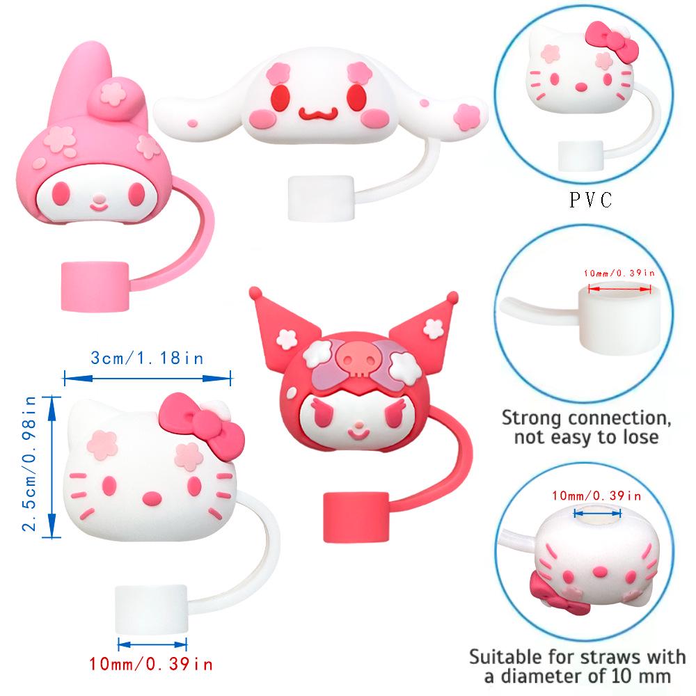 Набор колпачков для соломинок с мультяшными персонажами Sanrio: Набор из 4 свежих соломинок 10 мм с заглушками от пыли и украшениями для стаканов