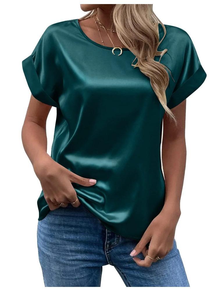 Spring and Summer New Women's Short Sleeve Satin Shirt Loose Casual Round Neck Colored Ding T-shirt Women