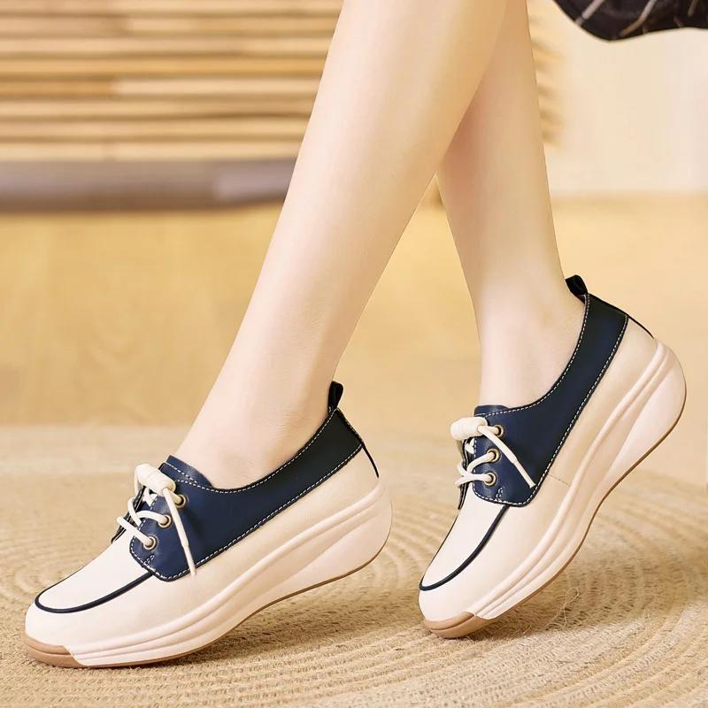Fashion Women Fashion Platform Flats Sneakers  Autumn Breathable Lace Up Wedge Sport Shoes Comfort Soft Leather Travel Casual Shoes