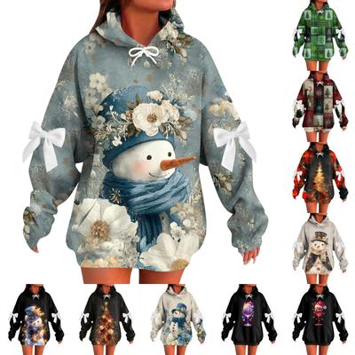 Женский рождественский с принтом банта, с длинными рукавами, свободного кроя, повязка на голову с веревкой, худи-топ с капюшоном