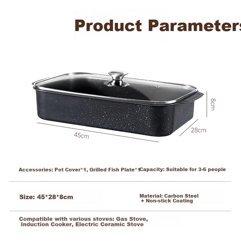 PAKCHOICE Rectangular Fish Grilling Pan with Lid, Specialized Grill Pan for Induction And Gas Stoves, Carbon Steel Non-Stick Baking Tray for Home Use