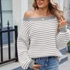 Women's Fashionable Striped Contrasting Temperament One Neck Knitted Sweater Top