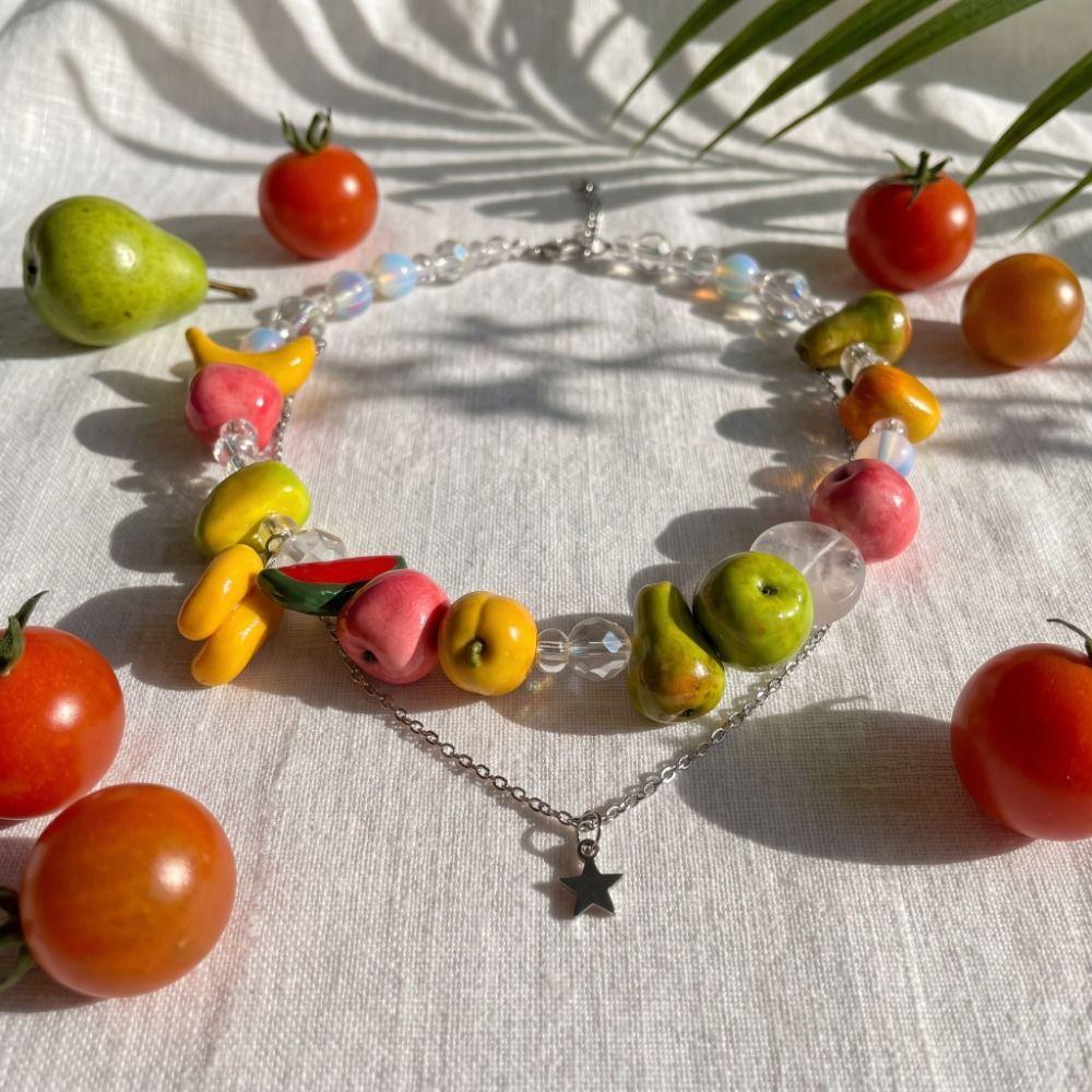 Layered Multi Layer Choker Colorful Beads Beaded Clavicle Chain Fashion Beads Fruit Necklace Girls