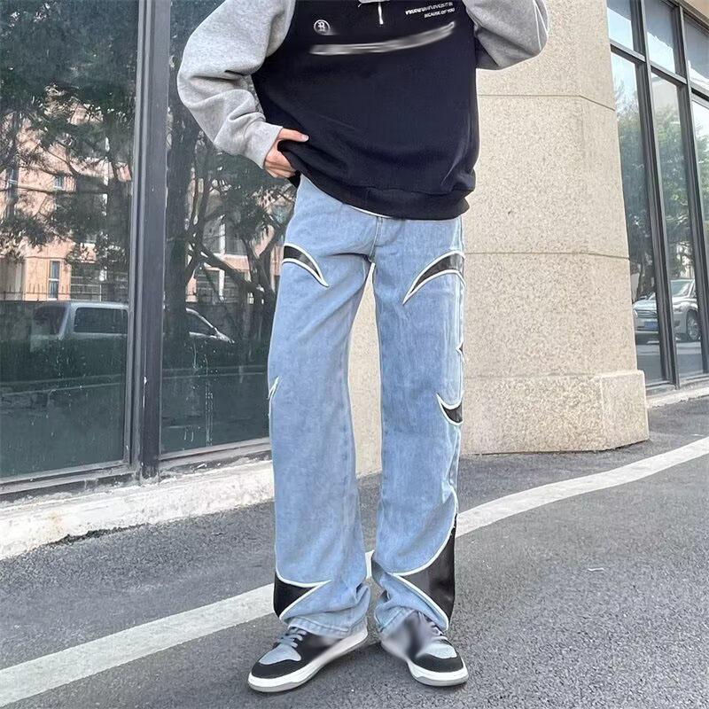 Весенние и осенние мужские модные прямые джинсовые брюки с вышивкой