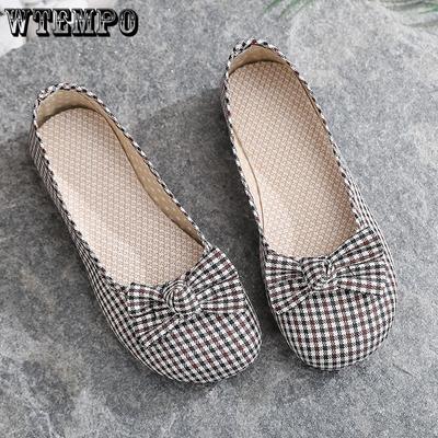 Удобная парусиновая обувь на плоской подошве в клетку с бантом, весна-лето, осенняя повседневная дышащая женская обувь среднего возраста для мамы, старая пекинская тканевая обувь