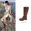 Brown Western Cowboy Boots Women's But Knee Boots Metal Belt Buckle Thick Heel Platform Tall Knight Boots Single Boots