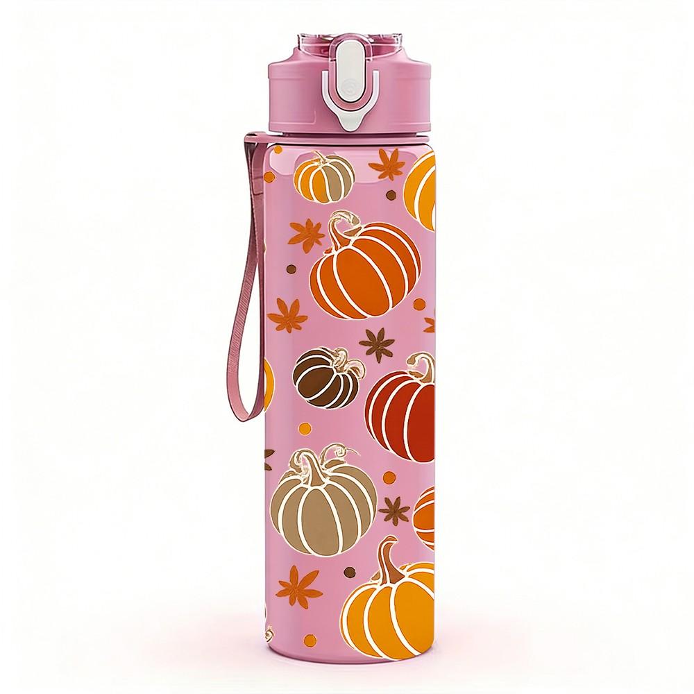 1PC Fall Pumpkin Seamless Pattern Print 750ml Color Plastic Sports Water Bottle Leakproof Flip Straw Lid Suitable for Sports Office Home Use