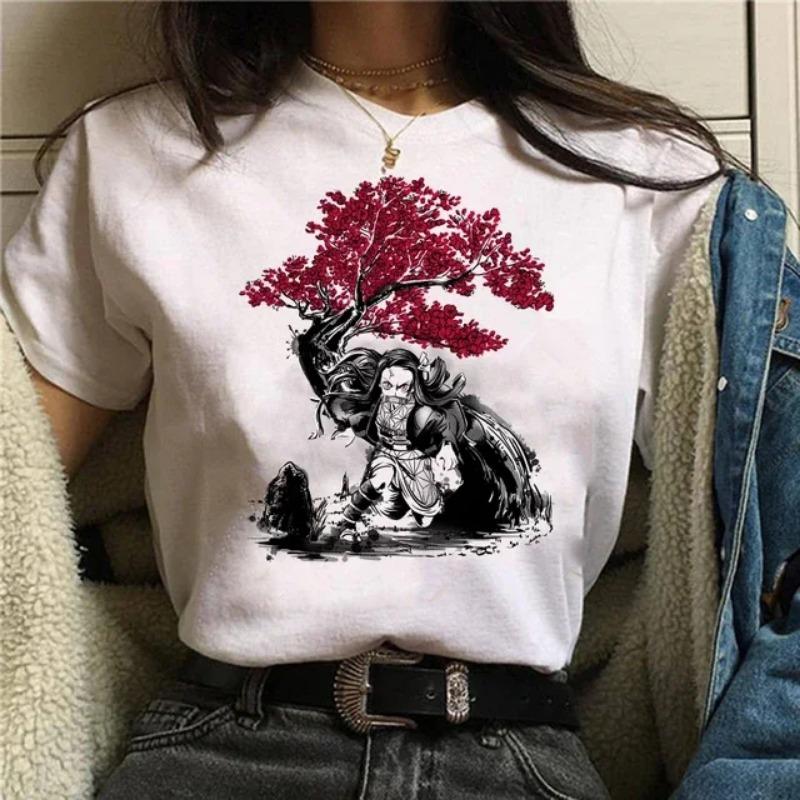 Japanese Anime T-shirt Demon Slayer Oversize Women Clothing Nezuko Kawaii Tees Tanjirou O-Neck Graphic Female Tshirt Manga Tops