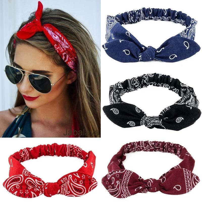 Boho Bow Headbands for Women Vintage Paisley Bandana Flower Printed Hairband Elastic Rabbit Ear Head Wrap Cashew Print Bandage Cute Hair Accessories