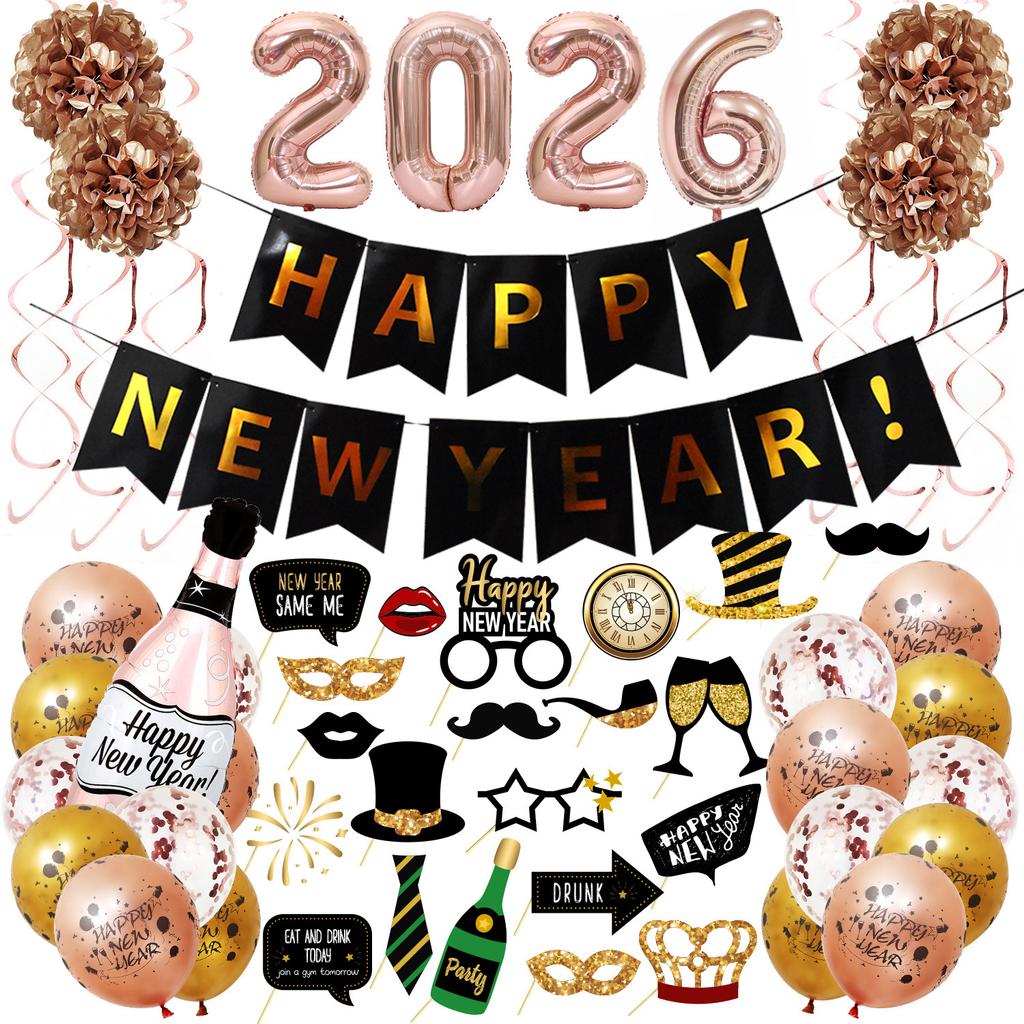 2026 New Year'S Theme Party Decoration New Year'S Day Flag New Year'S Eve Photo Props Paper Flower Balloon Set