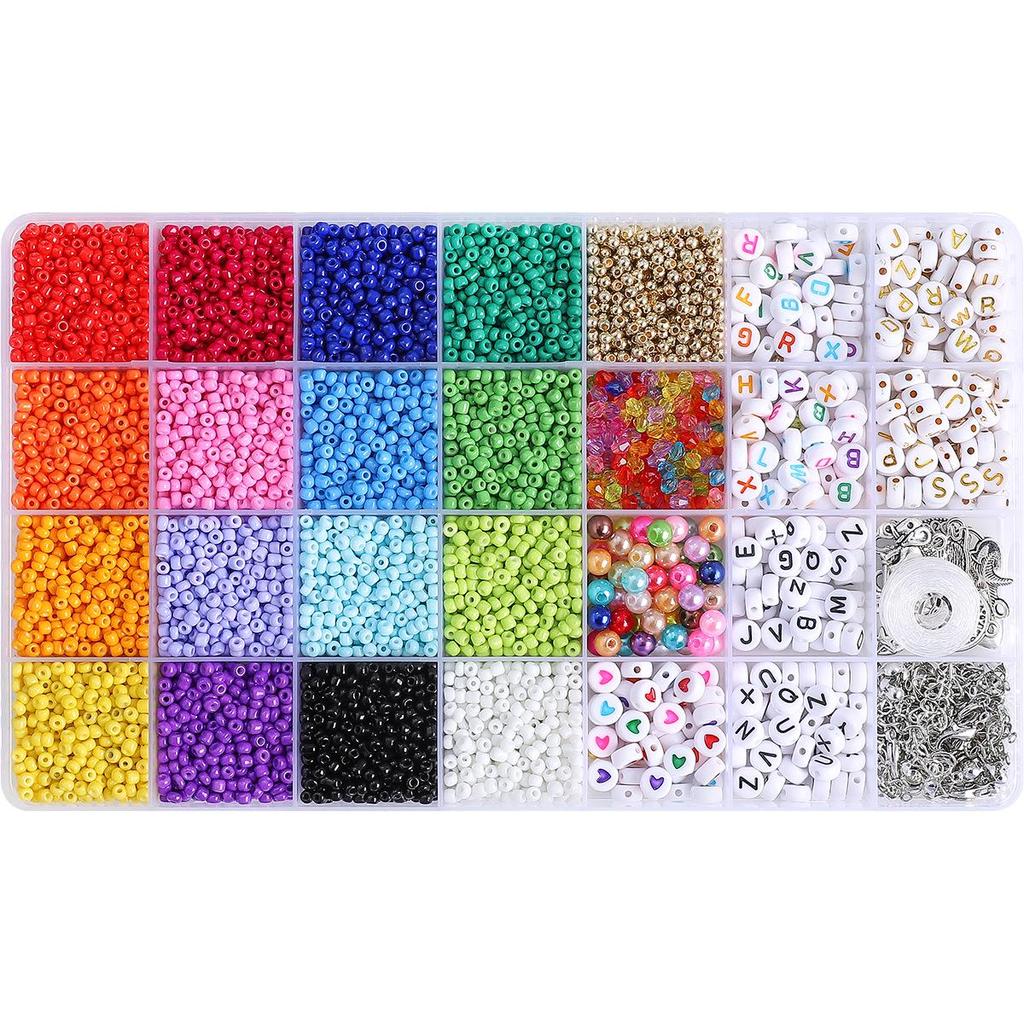 28-Compartment 3mm Seed & Letter Bead Set for DIY Handmade Beaded Bracelets and Necklaces