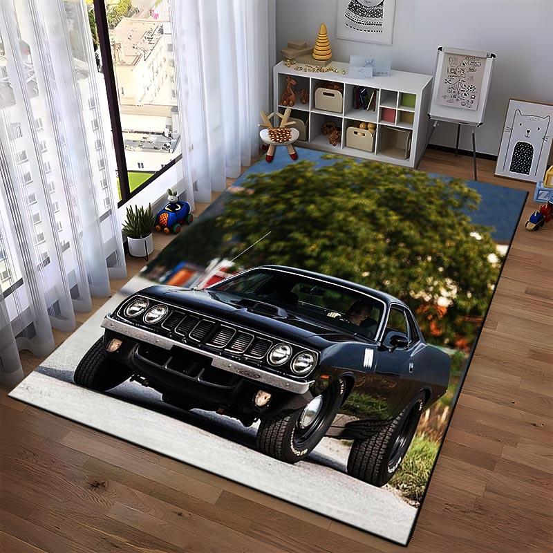 Vintage Black Classic Muscle Car with Retro Design Outdoors Landscape Print Suitable for use as an anti-slip1 for1room and bedroom sofas