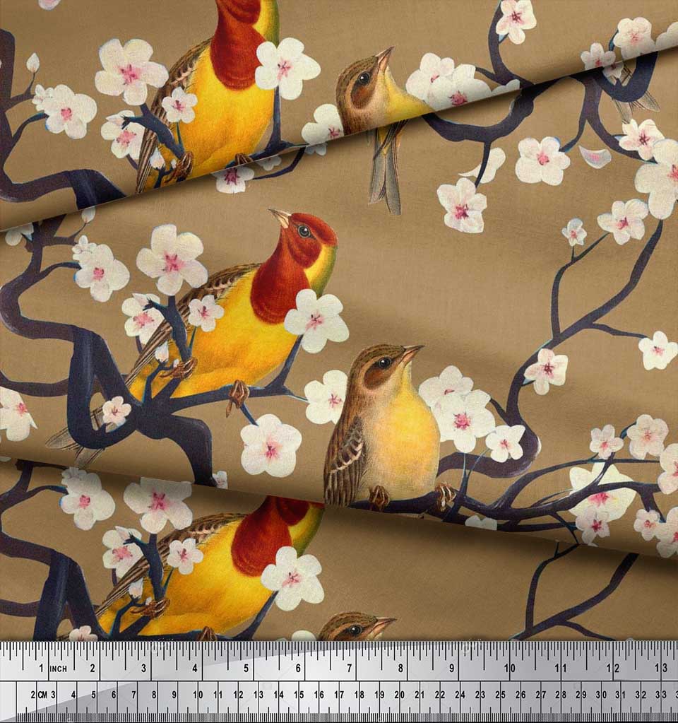 Soimoi Коричневая модальная атласная ткань с изображением рыб | Птицы и яхты Ткань с принтом птиц 1 ярд 42 дюйма