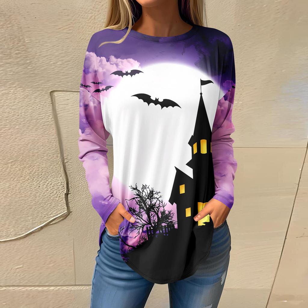 Tee Shirts For Women Fall Casual Long Sleeve Shirts Sweatshirt Halloween Printing Top Pullover