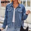 Однотонный принт весна-осень воротник-поло облегающий короткая джинсовая куртка с длинным рукавом куртка верхняя женская