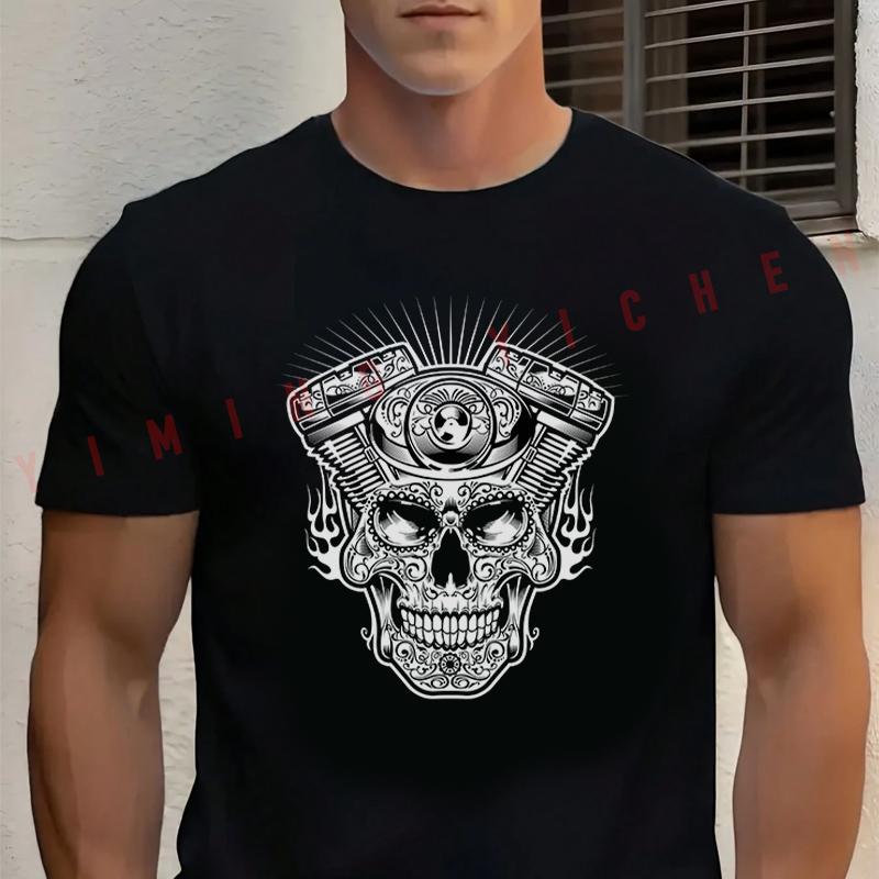 Men‘s’ T-shirt High Quality Funny Cotton Skull Engine Vintage Motorcycle Design Tee Casual O-ne