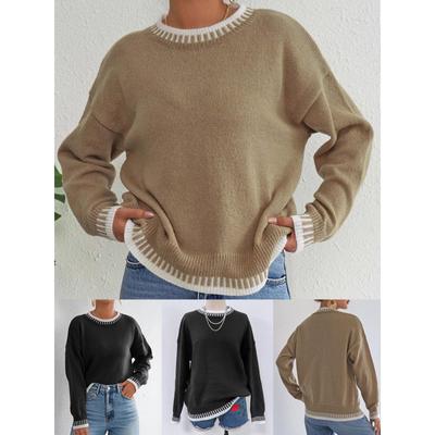 Осень Зима Новая Женская Одежда Цветной Блок Пэчворк Повседневный Пуловер Свободный Свитер Женский Топ