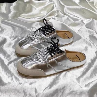 Модные женские летние полушлепанцы Baotou для улицы 2025 Новые с двойной шнуровкой, ленивые, на каблуке на одну ногу, крутые шлепанцы