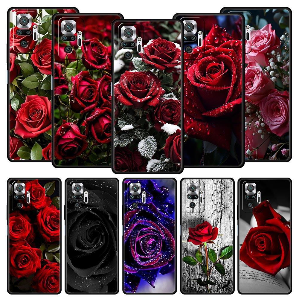 Чехол для телефона Красные Розы Цветы для Xiaomi Redmi Note 14 13 5G 10 11 12 Pro Plus 4G 14C 13C 12C 10C Черный Чехол