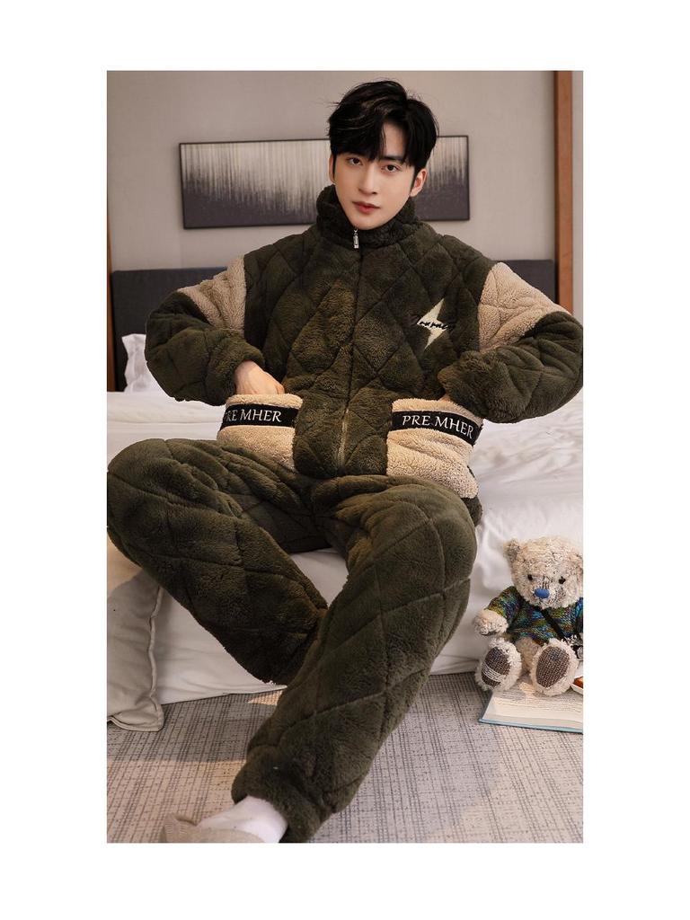 Men's Three-Layer Thickened Cotton Winter Pajamas - Warm, Simple, Luxury, and Suitable for Indoors and Outdoors.