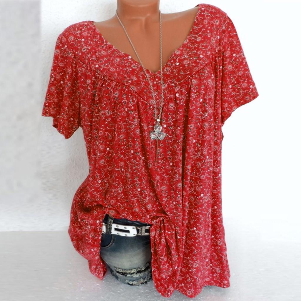 Women Plus Size Short Sleeves V-Neck Print Blouse Pullover Tops Shirt